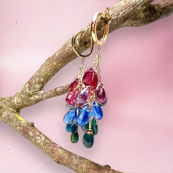 Natural Rainbow Gemstone: Opal Tourmaline Ruby Earrings in Solid 18K Rose Gold - Picture 12 of 15